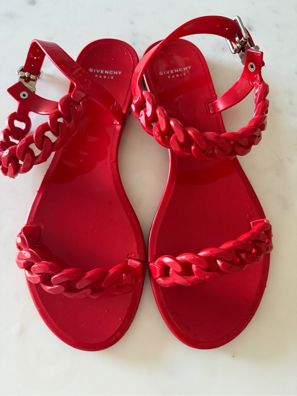 Givenchy Bright Red Chain-Trim Jelly Sandals